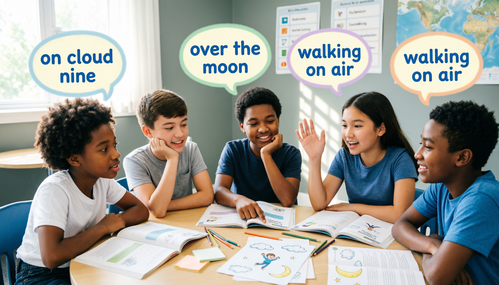 Students learning common idioms for happiness with examples like on cloud nine and over the moon.