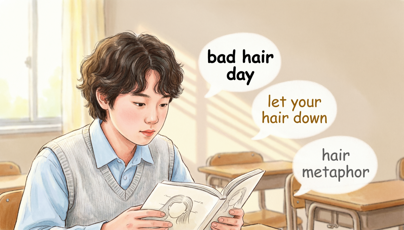 Educational illustration explaining idioms for hair and hair metaphors with examples for English learners.