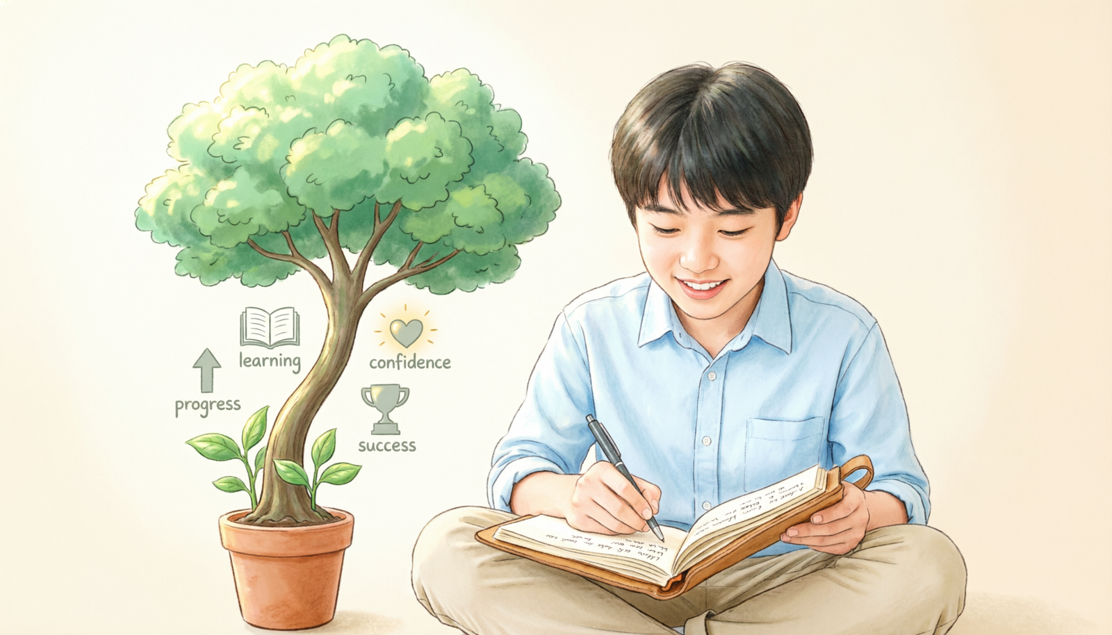 Student learning idioms for growth beside a plant symbolizing progress and personal development.