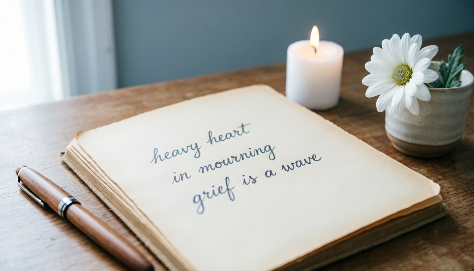 Open notebook showing idioms for grief and grief metaphors with a candle, flower, and pen on a calm desk