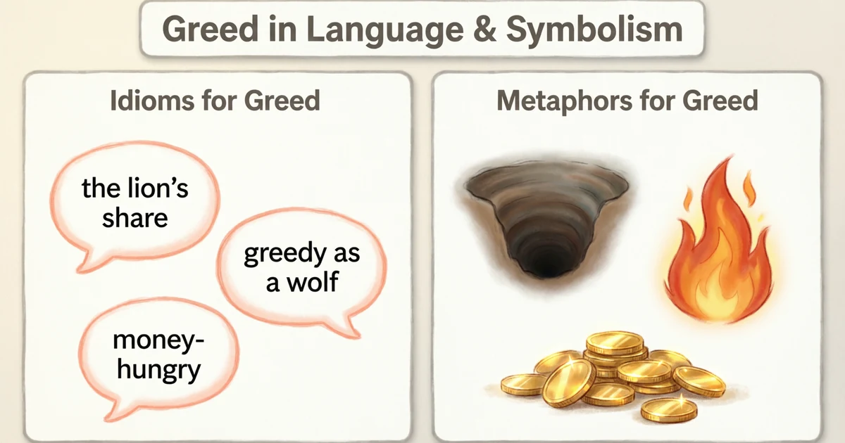 Idioms for greed and metaphors for greed explained with examples in a side-by-side educational illustration.