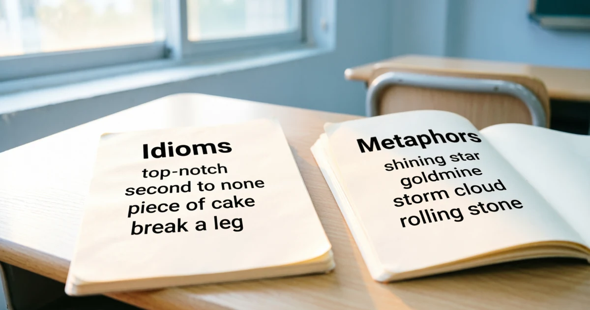 Idioms for great and metaphor examples shown in two notebooks for English learners