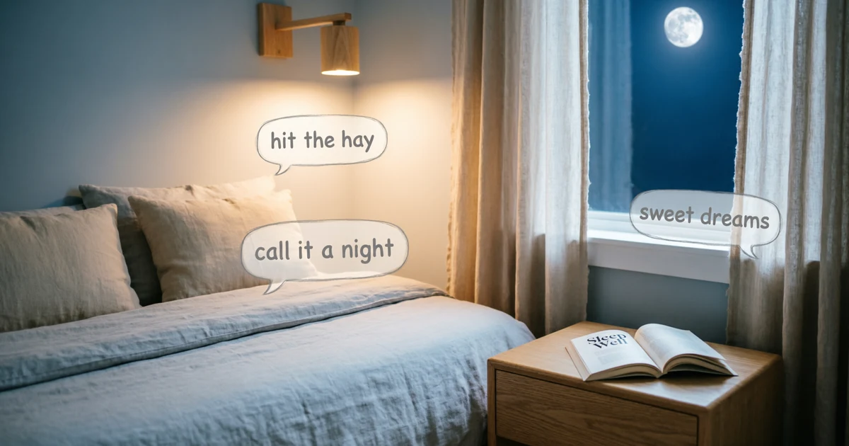 Cozy bedroom scene with bedtime idioms and sleep-related phrases for English learners.