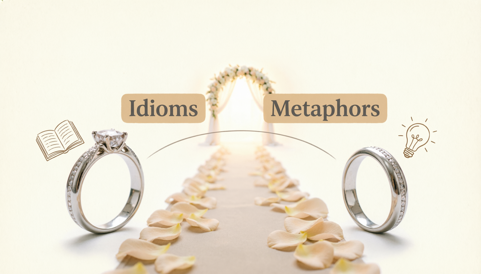 Idioms for getting married and marriage metaphors explained with wedding rings and aisle illustration