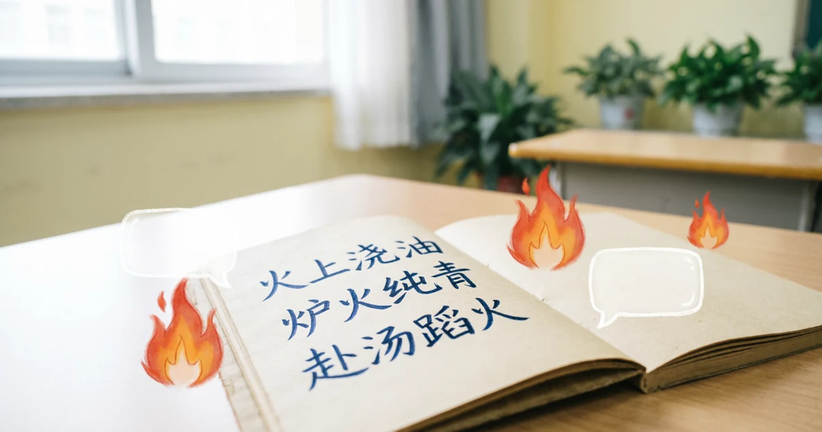 Notebook with fire idioms, flame illustrations, and language learning notes for students and ESL learners