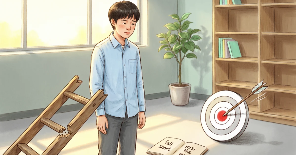 Student learning idioms for failure with symbols of missed goals, broken plans, and English phrase examples.