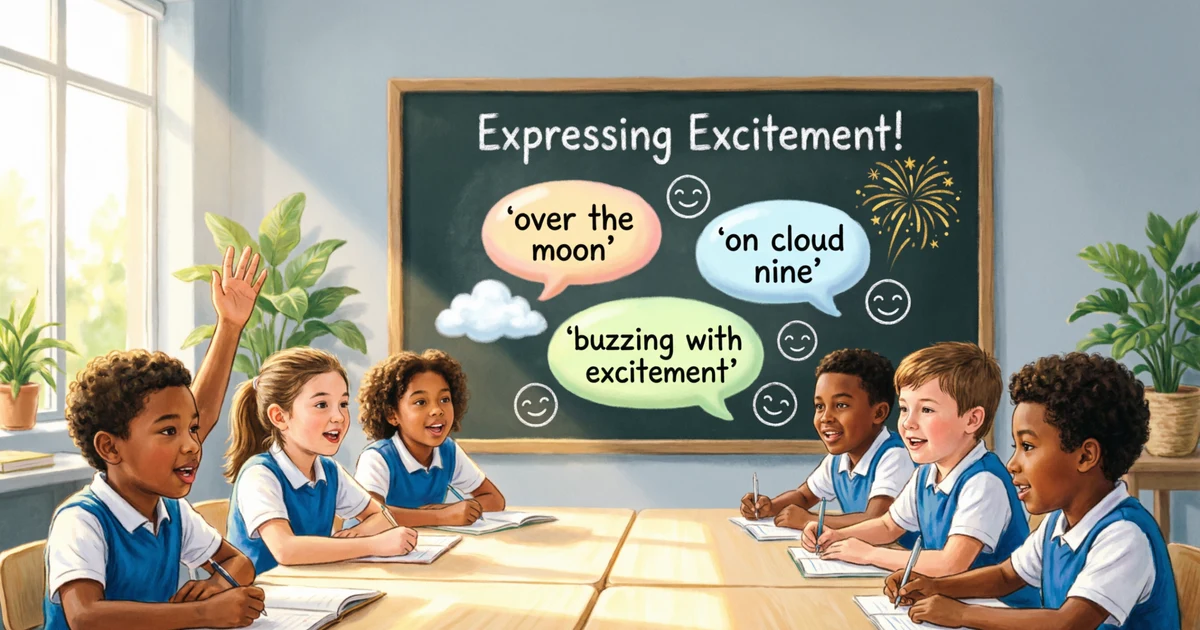 Students learning idioms for excitement with examples like over the moon and on cloud nine