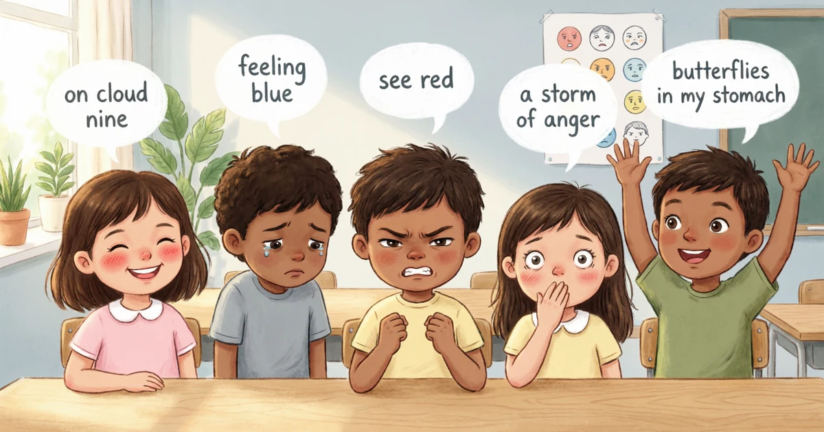Students learning idioms for emotions and emotional metaphors with expressive faces and speech bubbles.