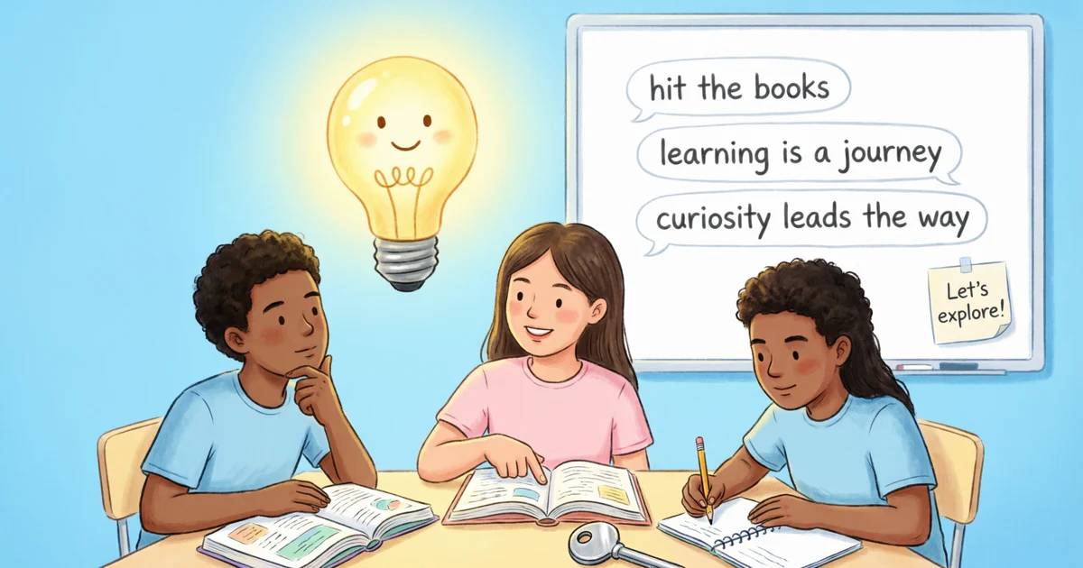 Students learning idioms for education with books, a key, and classroom symbols of knowledge.