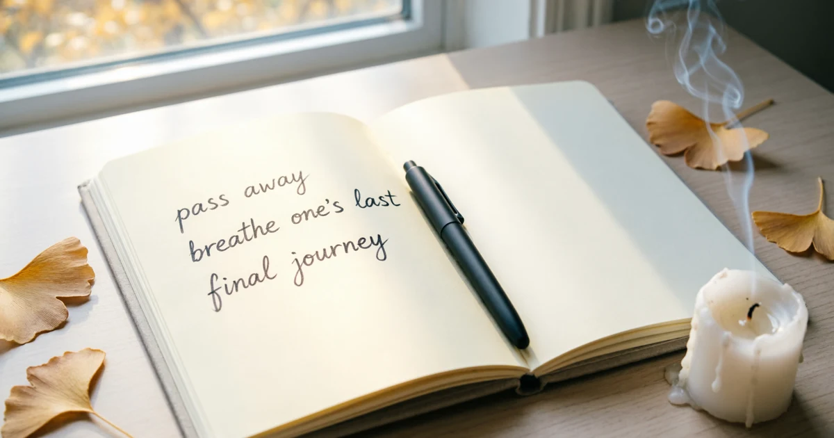 Notebook showing idioms for dying with gentle symbols of life, memory, and language learning.