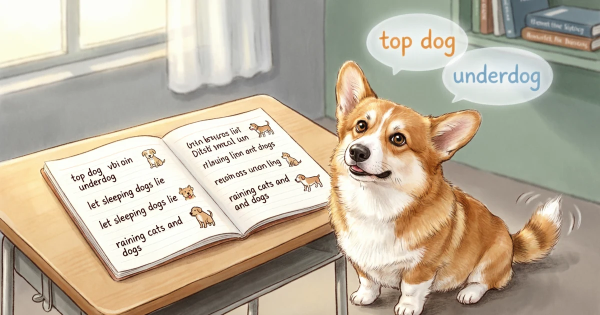 Student learning dog idioms and dog metaphors with examples in an English notebook