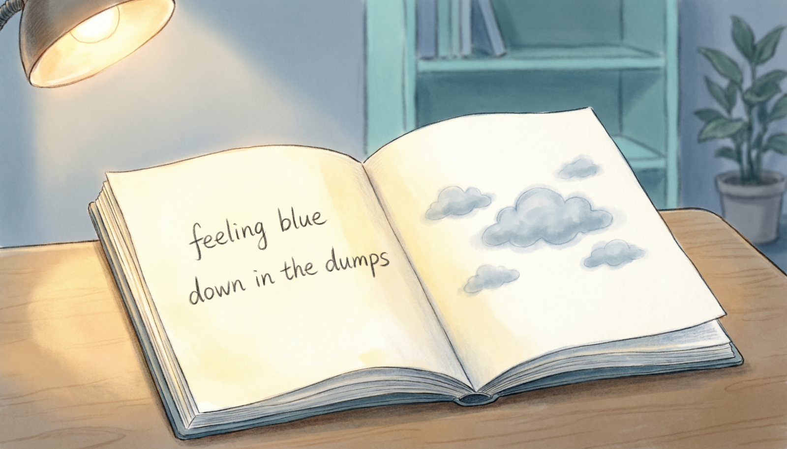 Notebook showing idioms for depression and metaphor examples in a calm learning setting