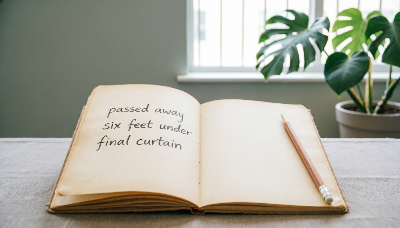 Notebook showing idioms for dead and metaphor examples for English learners.