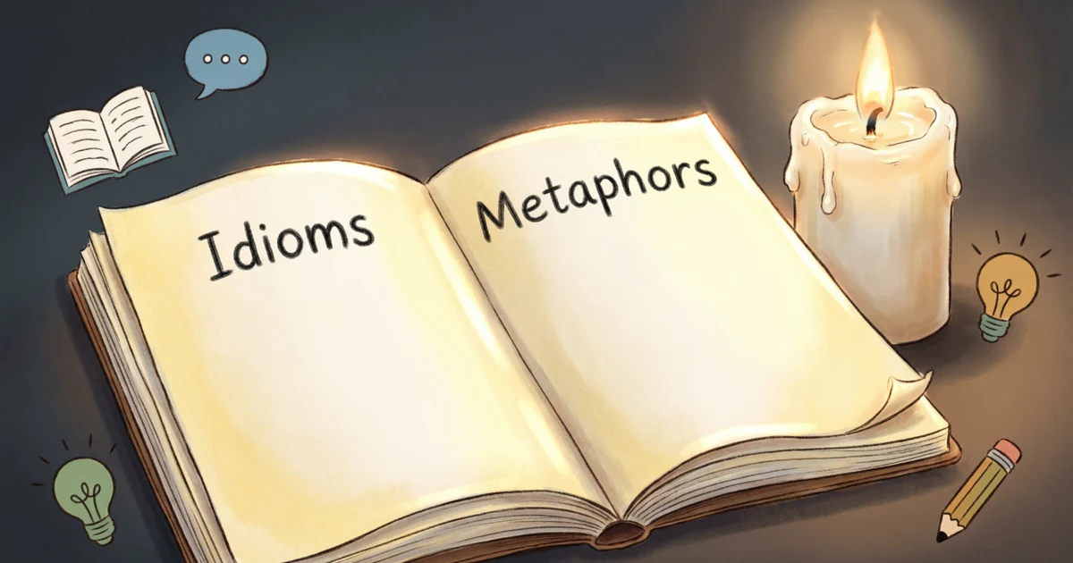 Student notebook explaining idioms for darkness and metaphors with candlelight and shadows