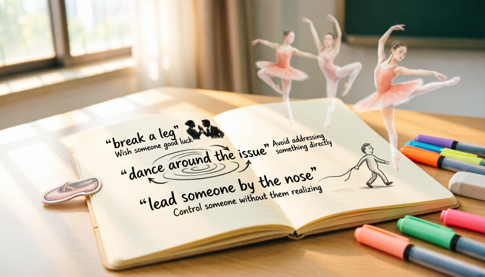 Notebook explaining idioms for dance and dance metaphors with simple examples for English learners.