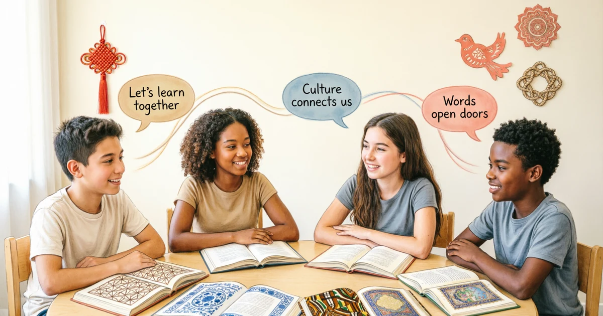 Illustration of diverse cultures, books, and speech bubbles representing idioms for culture and metaphor examples.