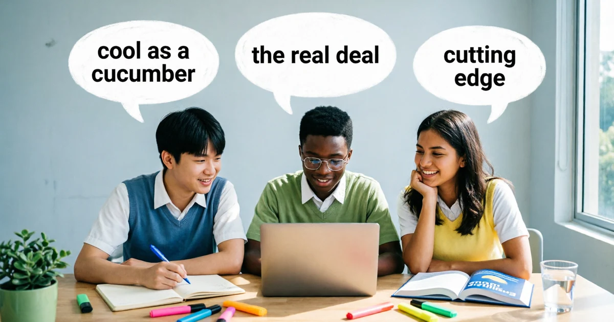 Students learning idioms for cool with examples like cool as a cucumber and the real deal.