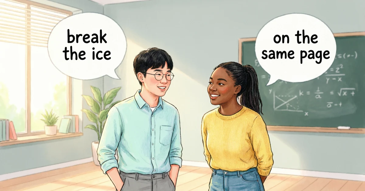 Students using common English idioms during a friendly conversation in a classroom setting.