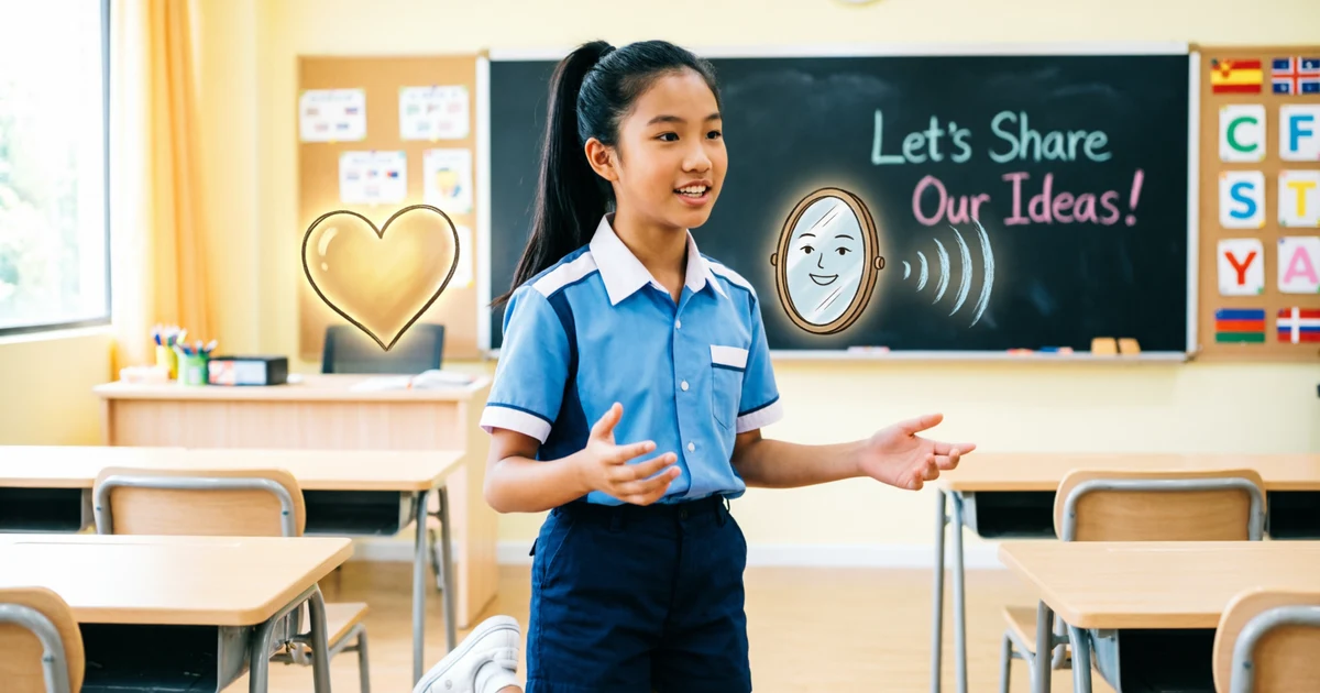Confident student speaking in class to illustrate idioms for confidence