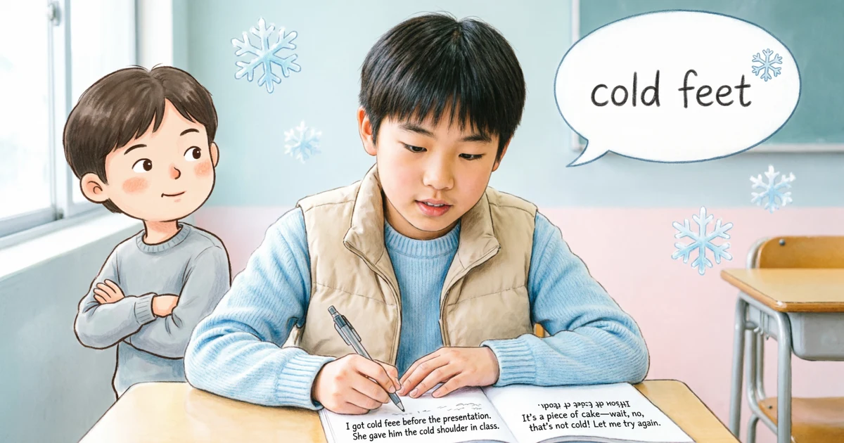 Student learning idioms for cold with examples like cold feet and cold shoulder in an English classroom