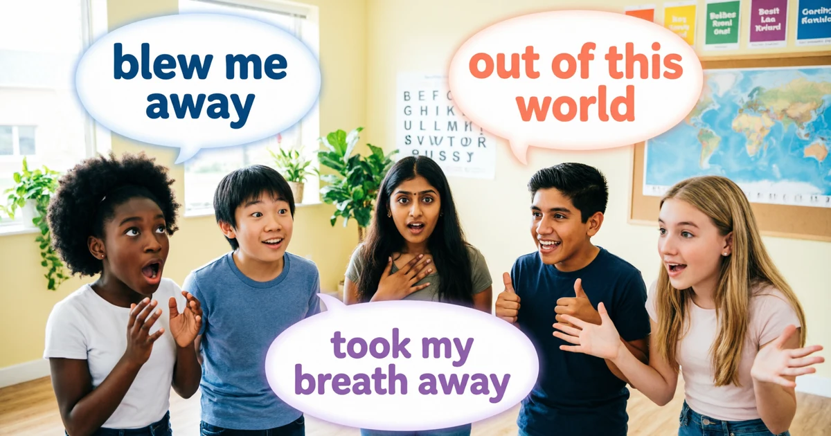 Students learning idioms for amazing with examples like blew me away and out of this world.