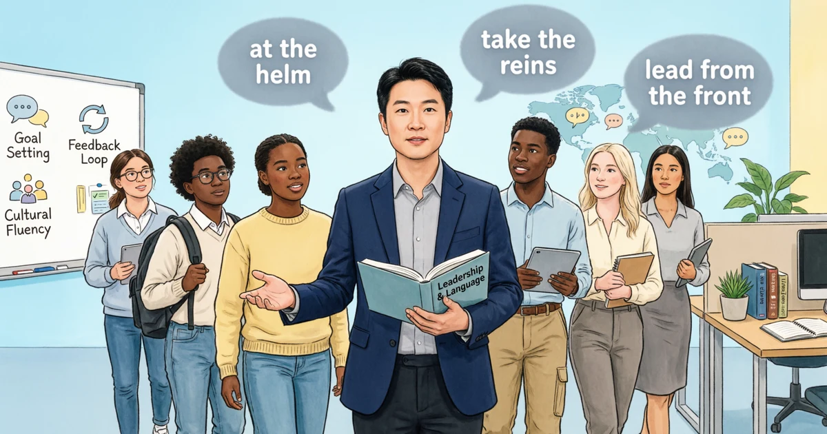 Illustration of a leader guiding a group with common leadership idioms shown in speech bubbles