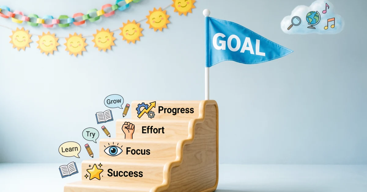 Students learning idioms for achieving goals with success, focus, effort, and progress symbols