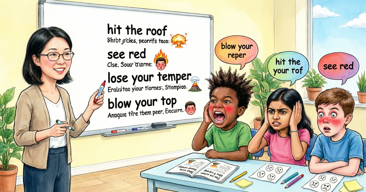 Idioms for anger classroom illustration with examples like hit the roof, see red, and lose your temper