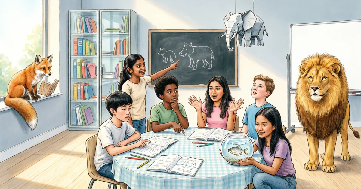 Students learning idioms for animals through illustrated examples of cats, horses, lions, foxes, and elephants.