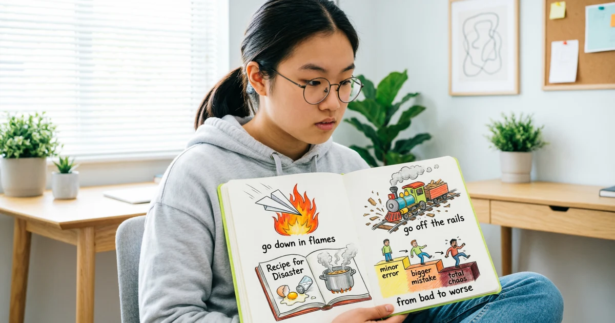 Student learning common idioms for bad through visual examples of failure, trouble, and unpleasant situations