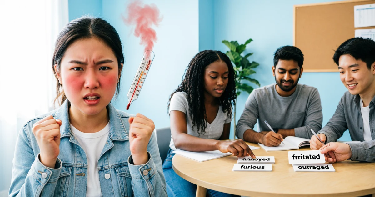 Idioms for angry feelings compared with synonyms such as furious, annoyed, irritated, and outraged.