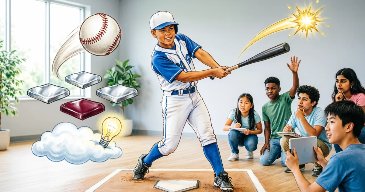Common idioms for baseball illustrated with a batter, curveball, bases, home run, and students learning their meanings.