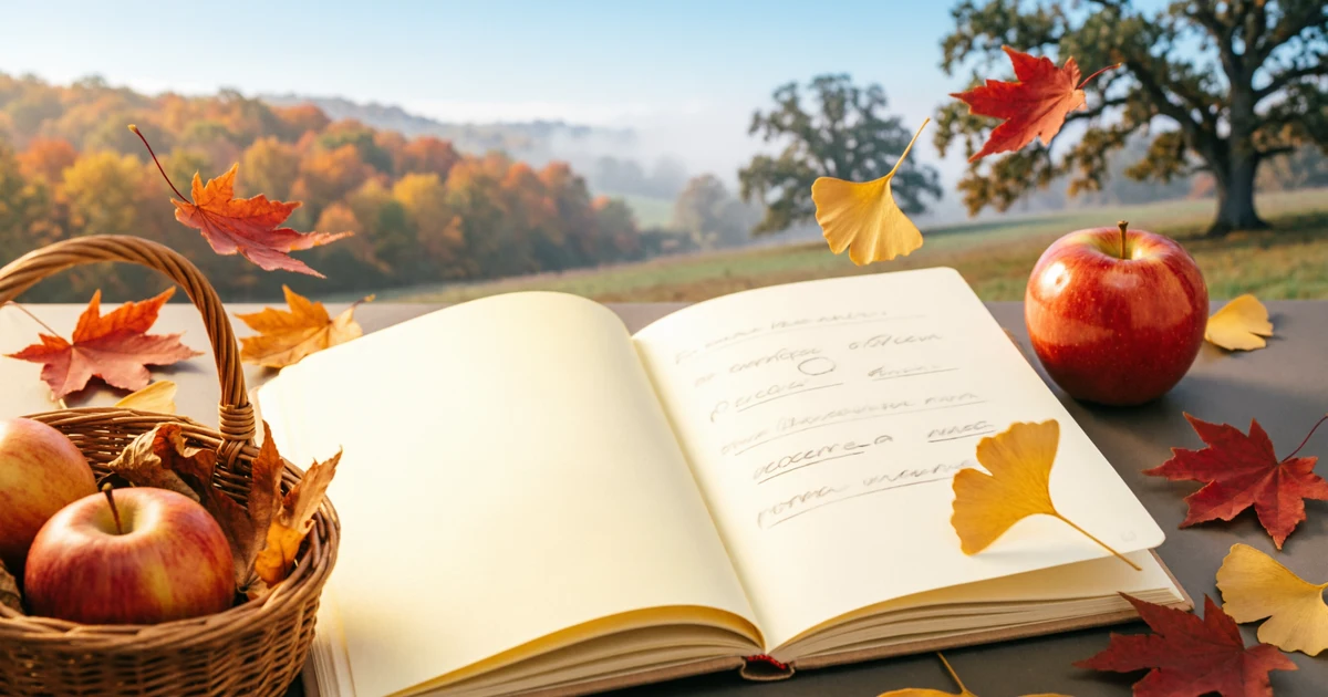 Open notebook surrounded by colorful autumn leaves illustrating idioms for autumn and seasonal metaphors.