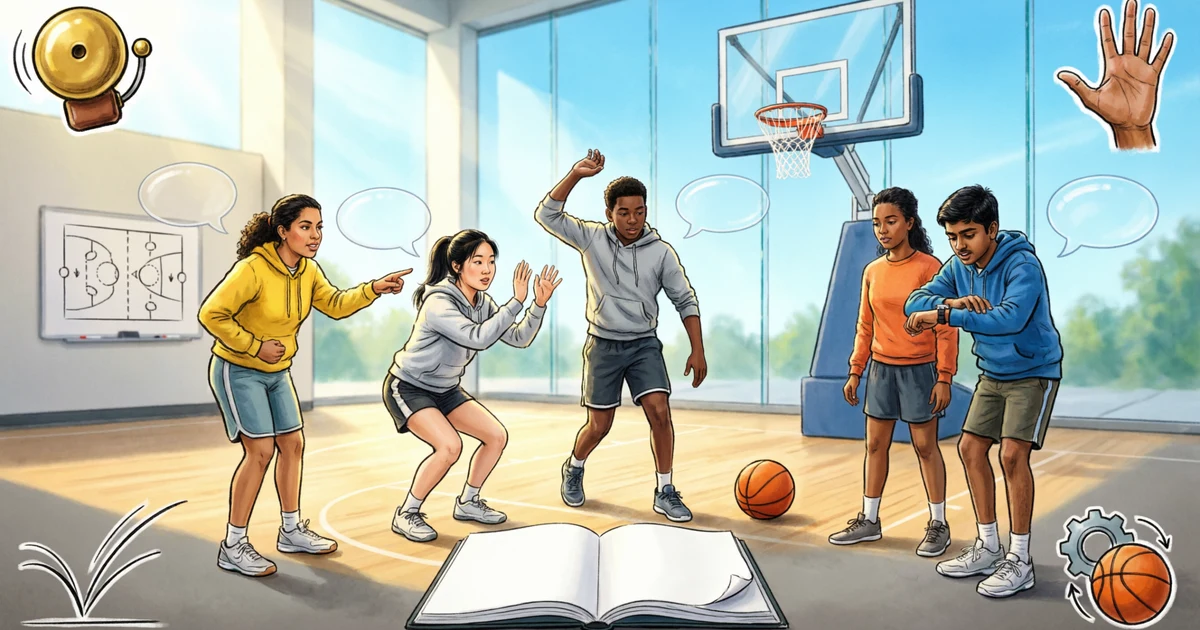 Students learning common basketball idioms and literal basketball terms through illustrated court examples.