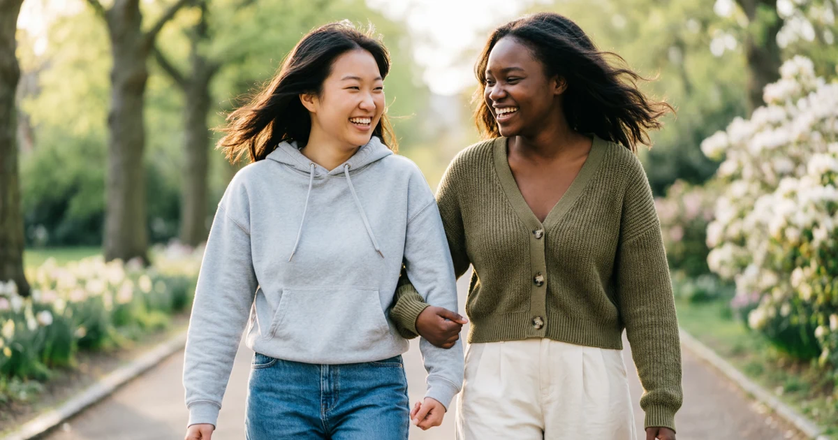 Two best friends laughing together, representing close friendship idioms and synonyms.