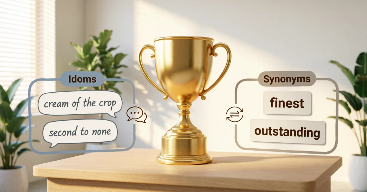 Idioms for best and synonyms for best illustrated with a gold trophy and comparison examples