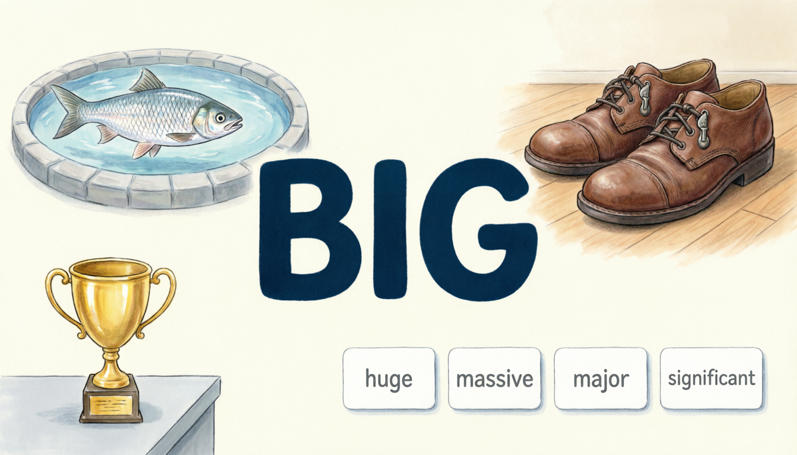 Idioms for big compared with synonyms such as huge, massive, major, and significant.