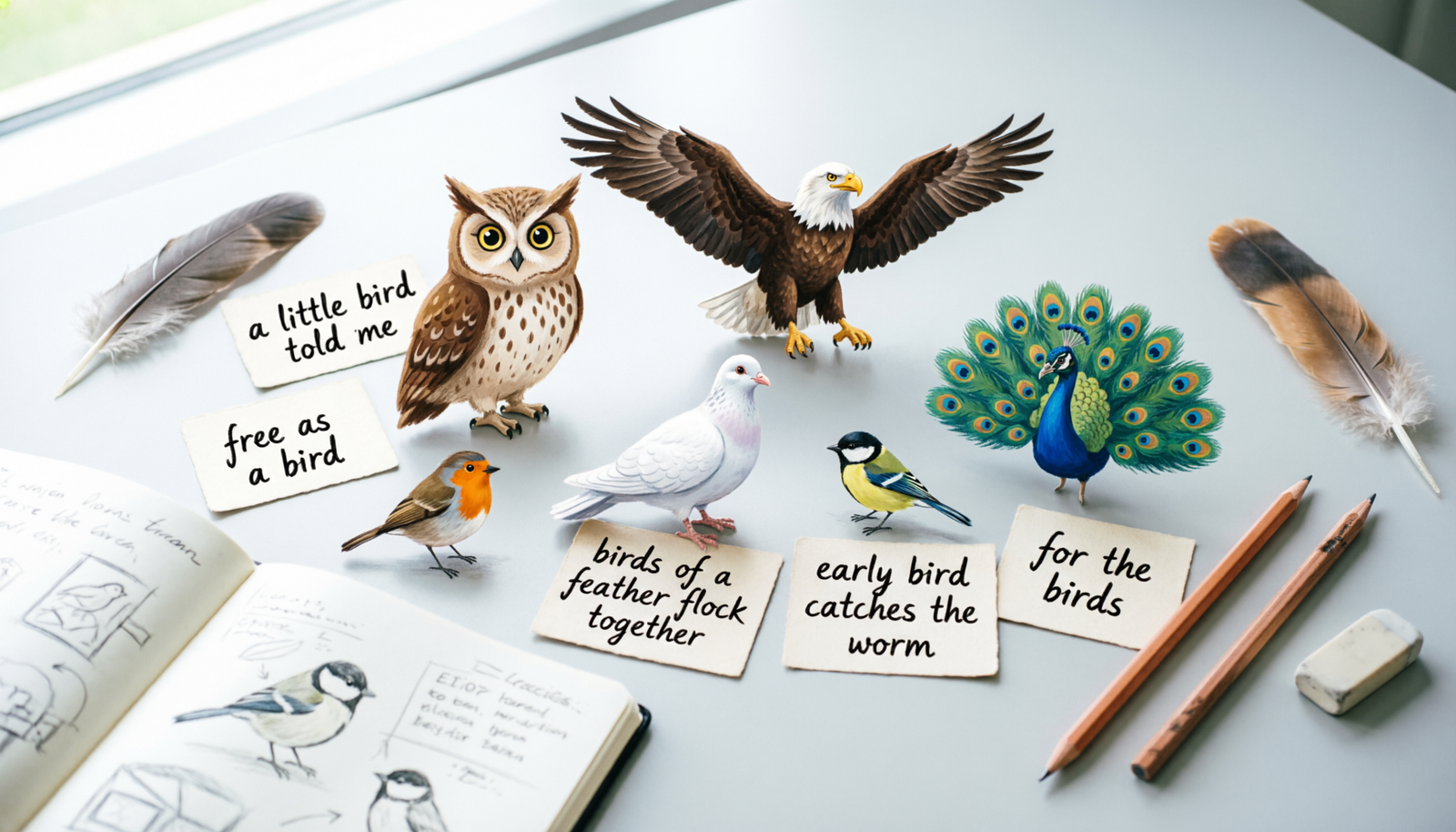 Illustrated birds with common English bird idioms, proverbs, meanings, and examples for students and ESL learners