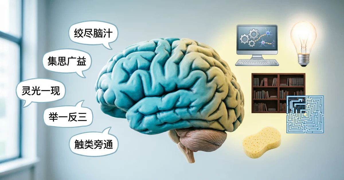 Brain idioms and brain metaphors illustrated with speech bubbles, a computer, library, maze, sponge, and lightbulb