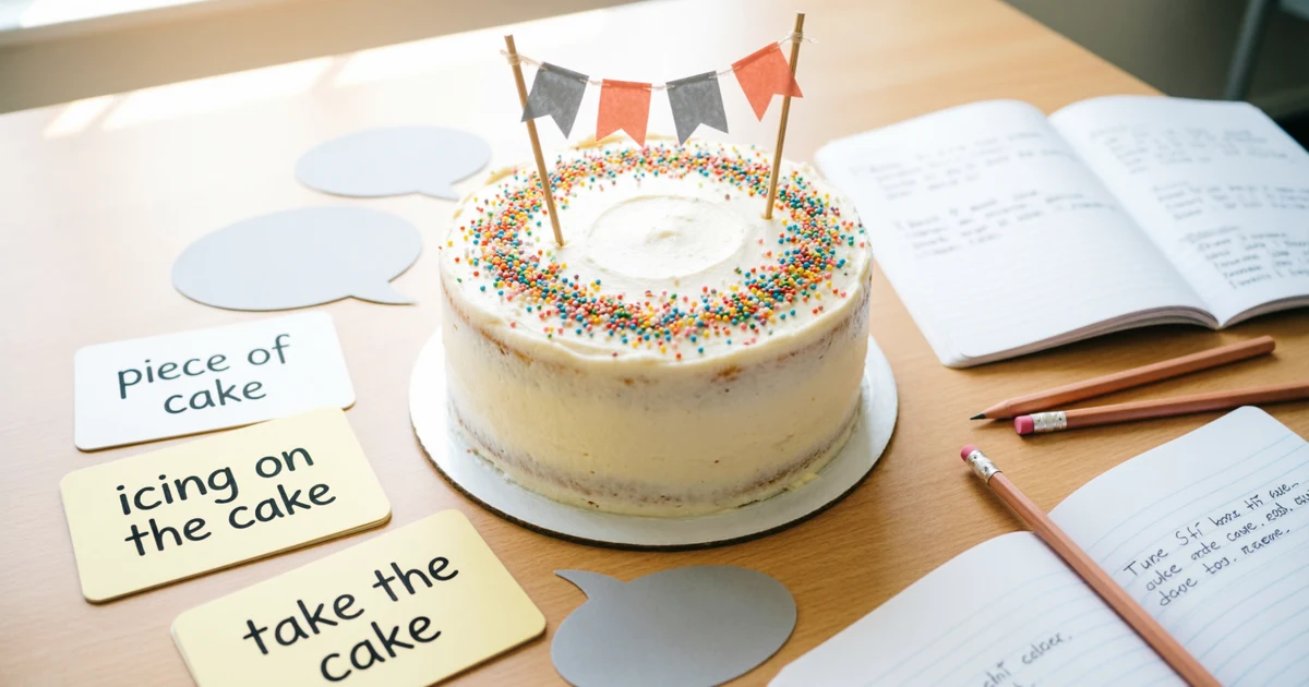 Cake idioms with meanings and examples displayed beside a decorated celebration cake