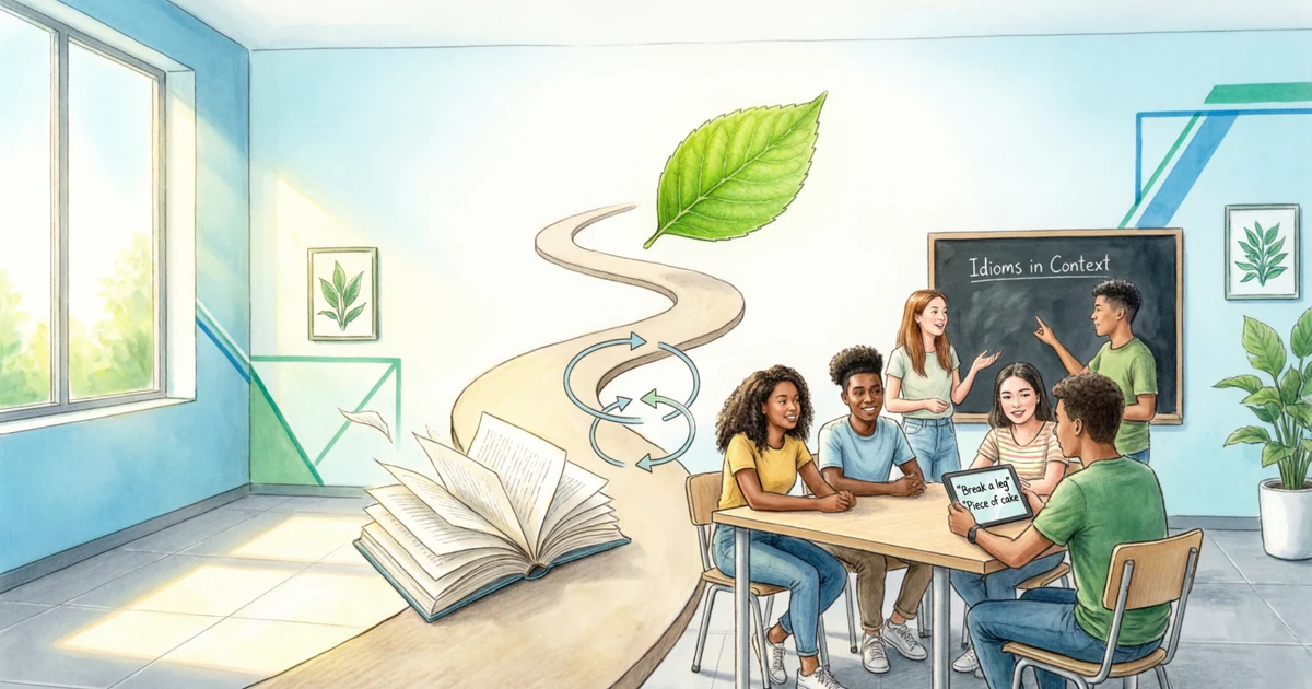 Idioms for change illustrated with a turning page, new leaf, arrows, and students learning English expressions