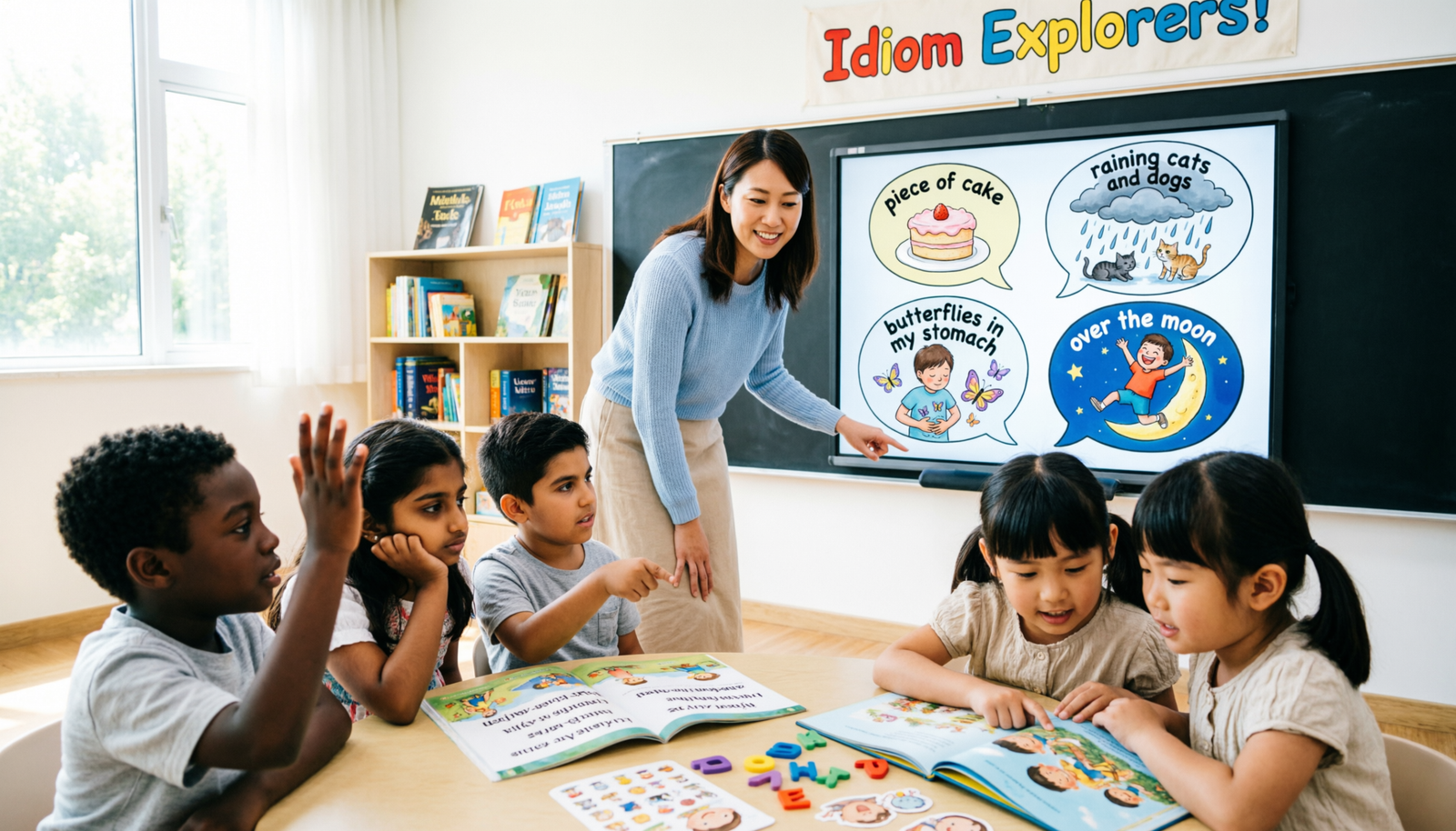 Children learning common English idioms and their figurative meanings in a colorful classroom
