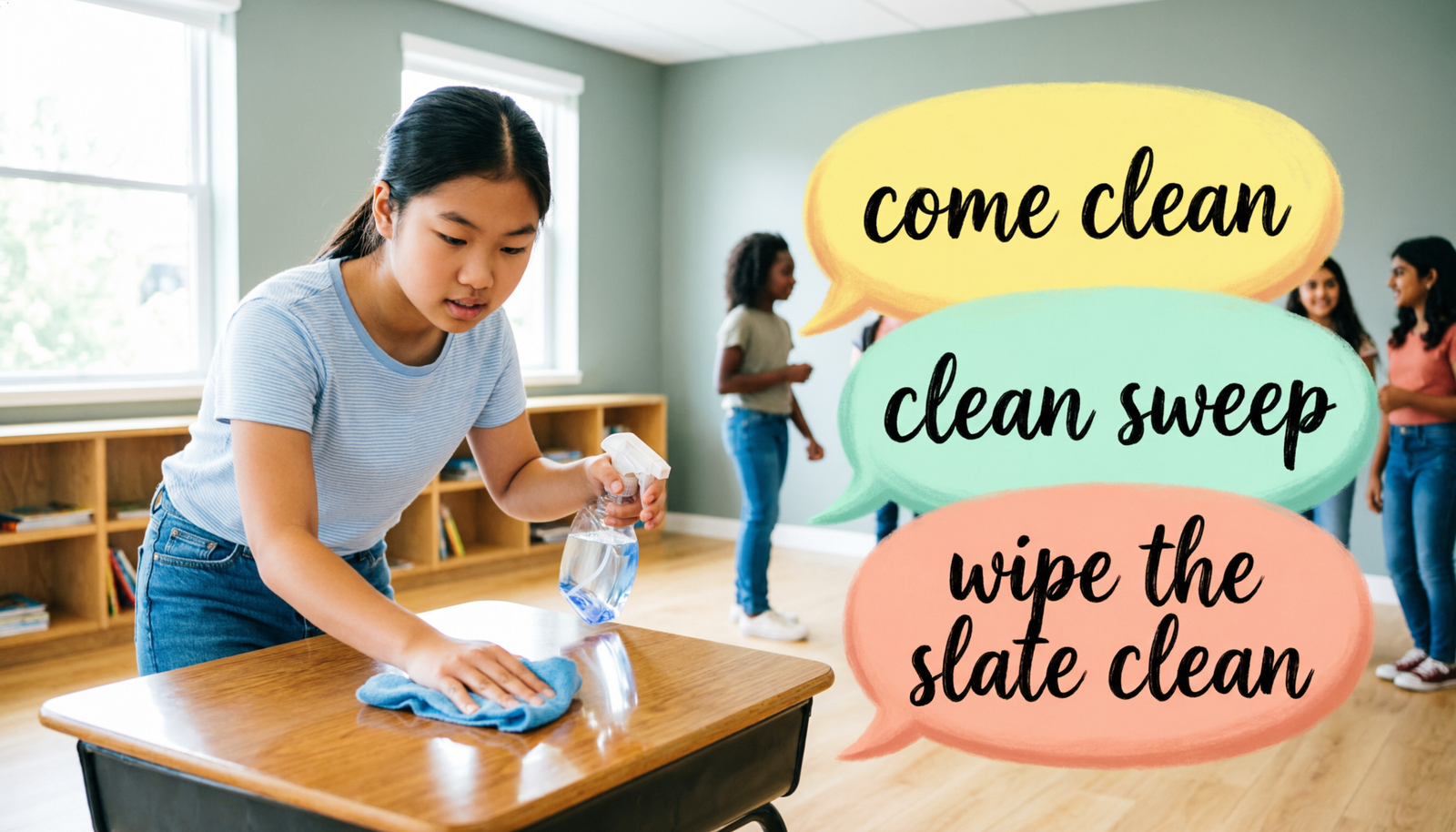 Student comparing idioms for clean with literal cleaning expressions in an educational illustration.