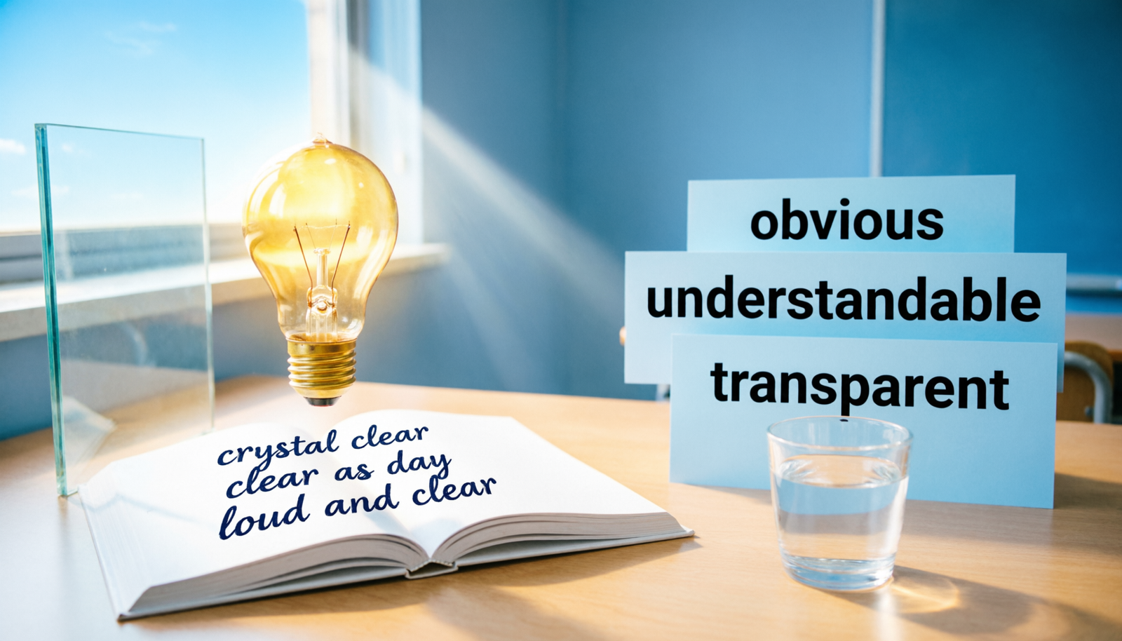 Idioms for clear compared with direct synonyms such as obvious, understandable, and transparent