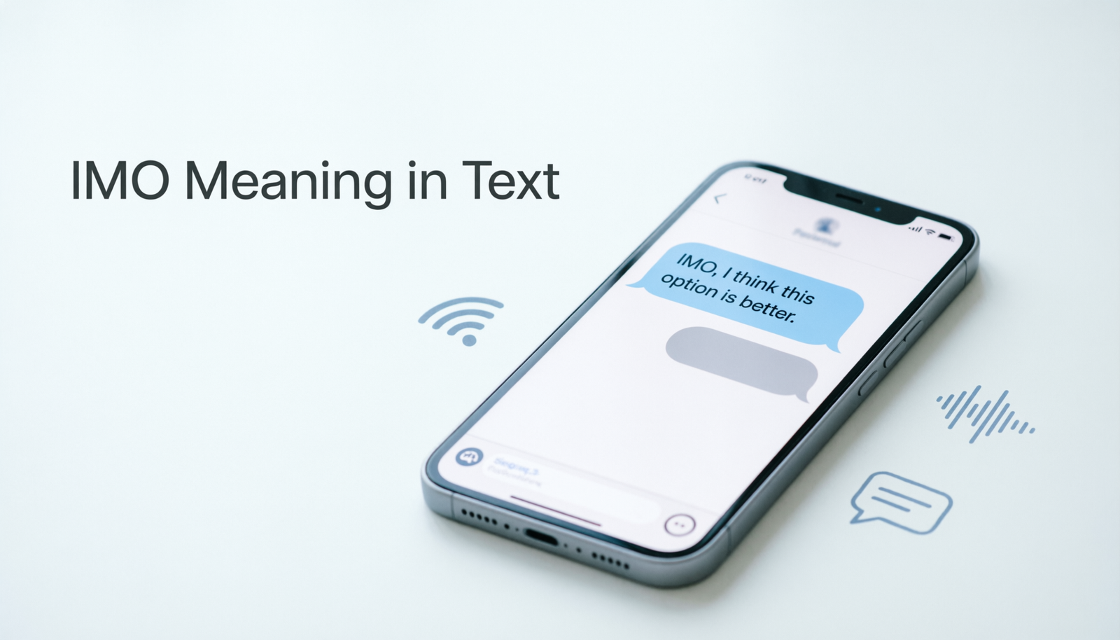 Phone screen showing a text conversation that explains the IMO meaning in text