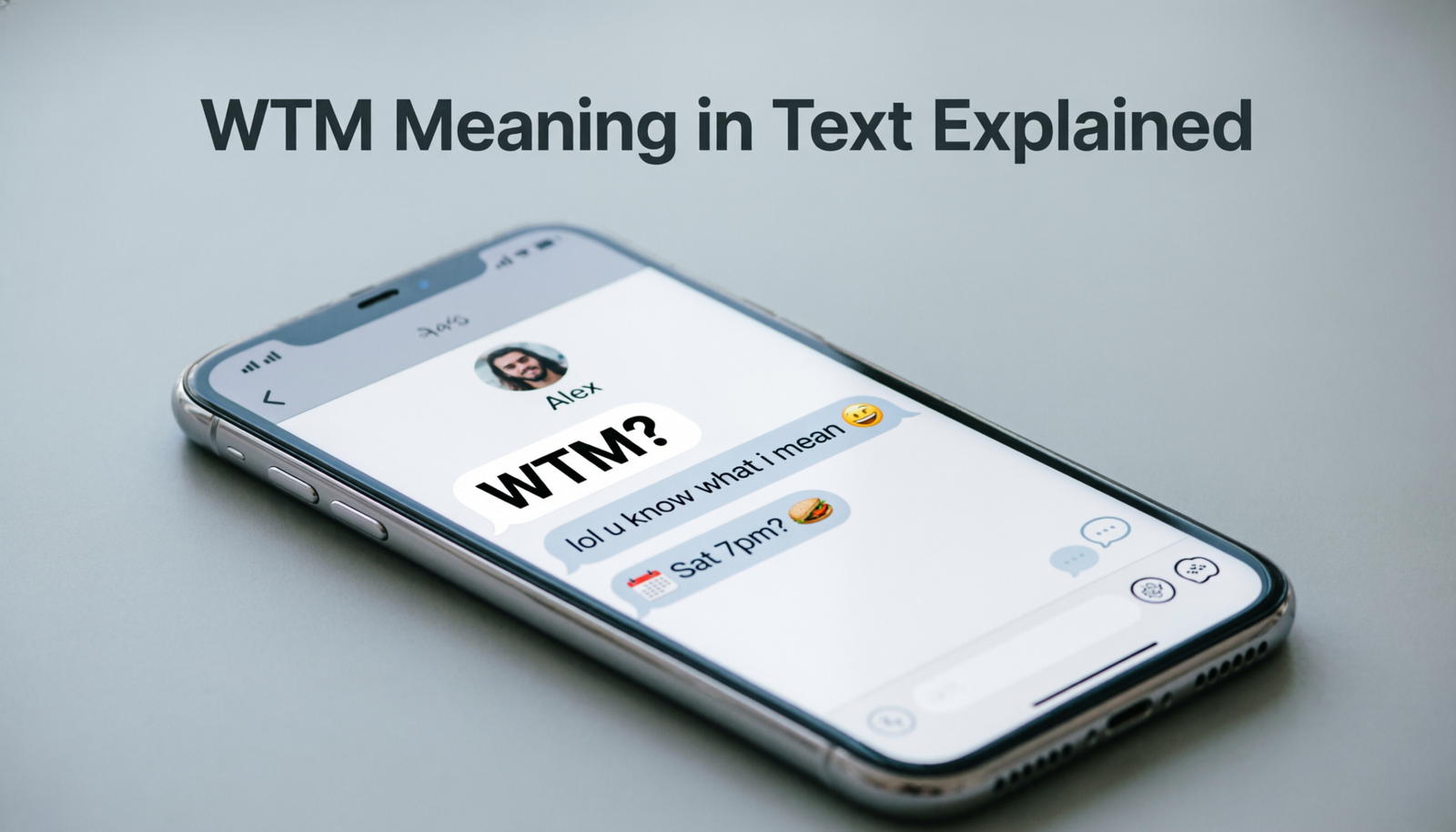 WTM meaning in text explained through a modern smartphone conversation showing common texting examples