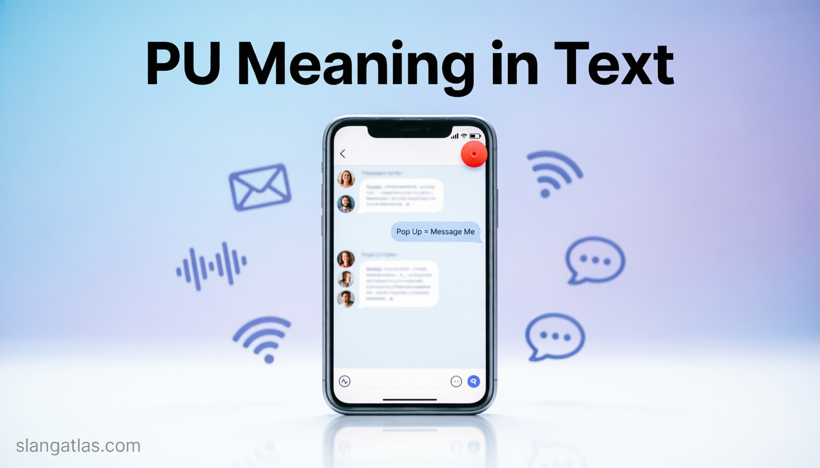 Phone screen explaining PU meaning in text as pop up and message me