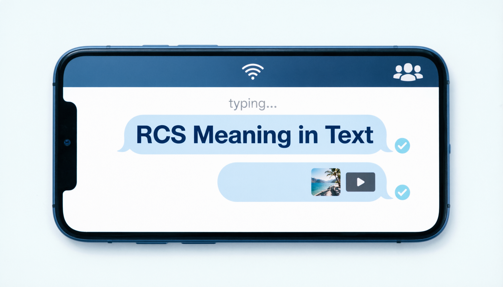 Phone messaging screen explaining RCS meaning in text with read receipts, typing indicators, and media sharing
