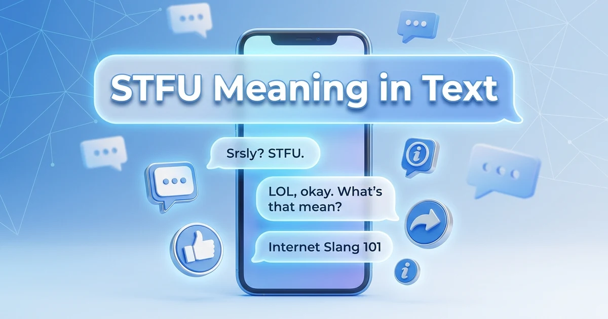 Illustration showing the STFU meaning in text with examples from texting and social media conversations.
