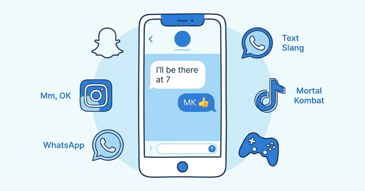 MK meaning in text shown through a smartphone chat conversation explaining the abbreviation MK used in texting and social media.